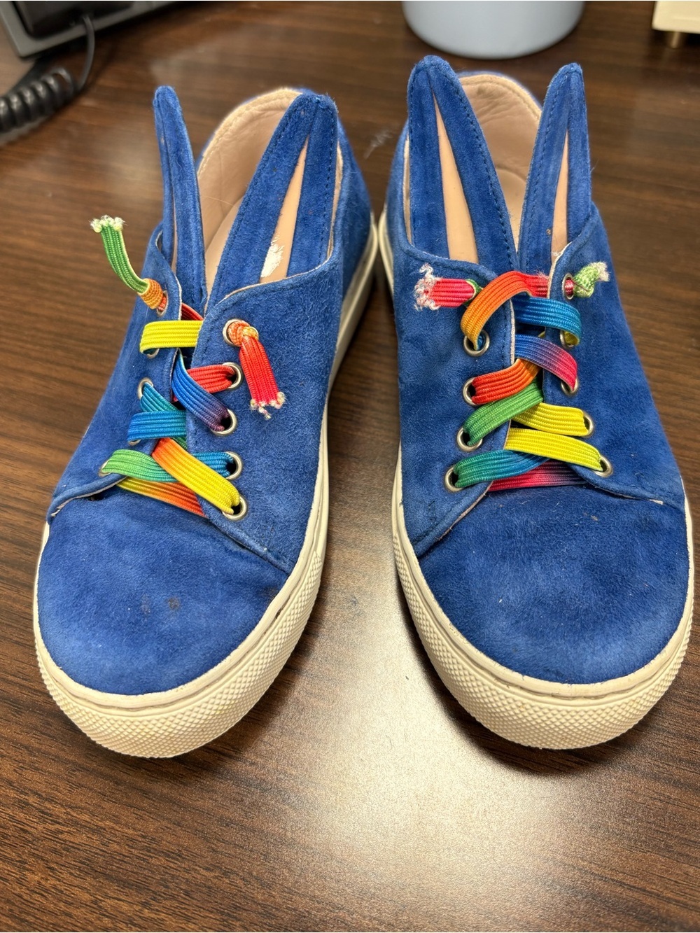 Minna Parikka Blue Suede Slip-On Bunny Sneakers with Rainbow Laces
